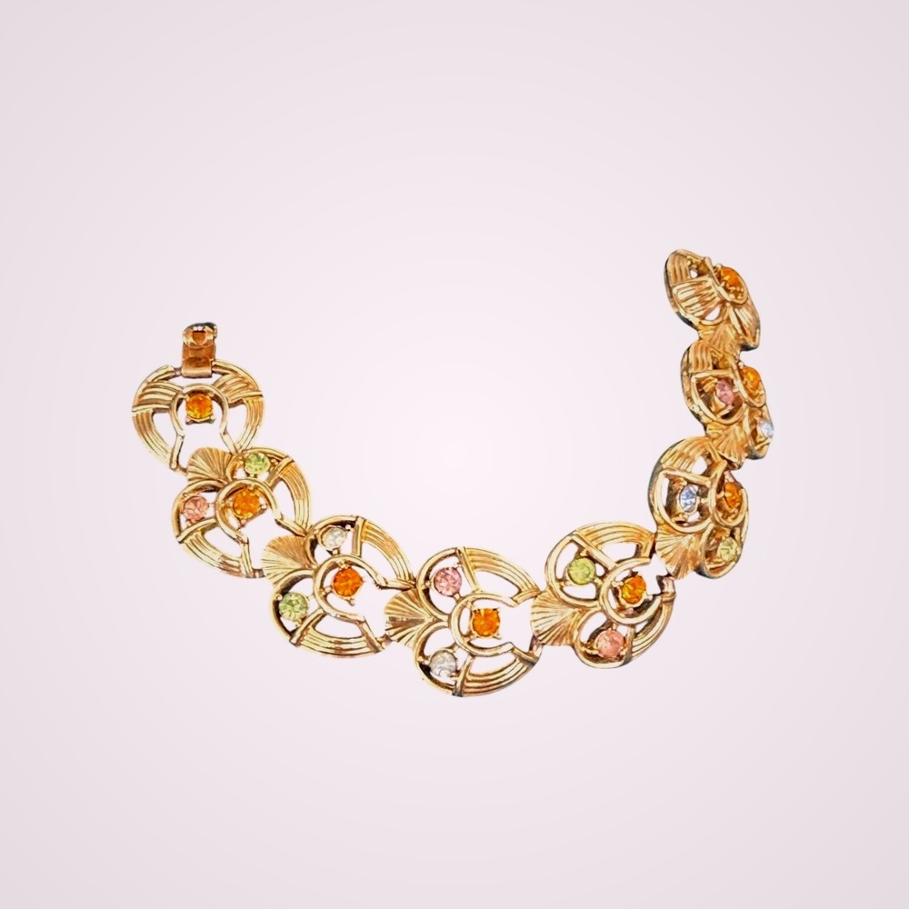 Vintage Signed Coro Script bracelet pastel rhinestones gold tone MCM - Picture 3 of 6